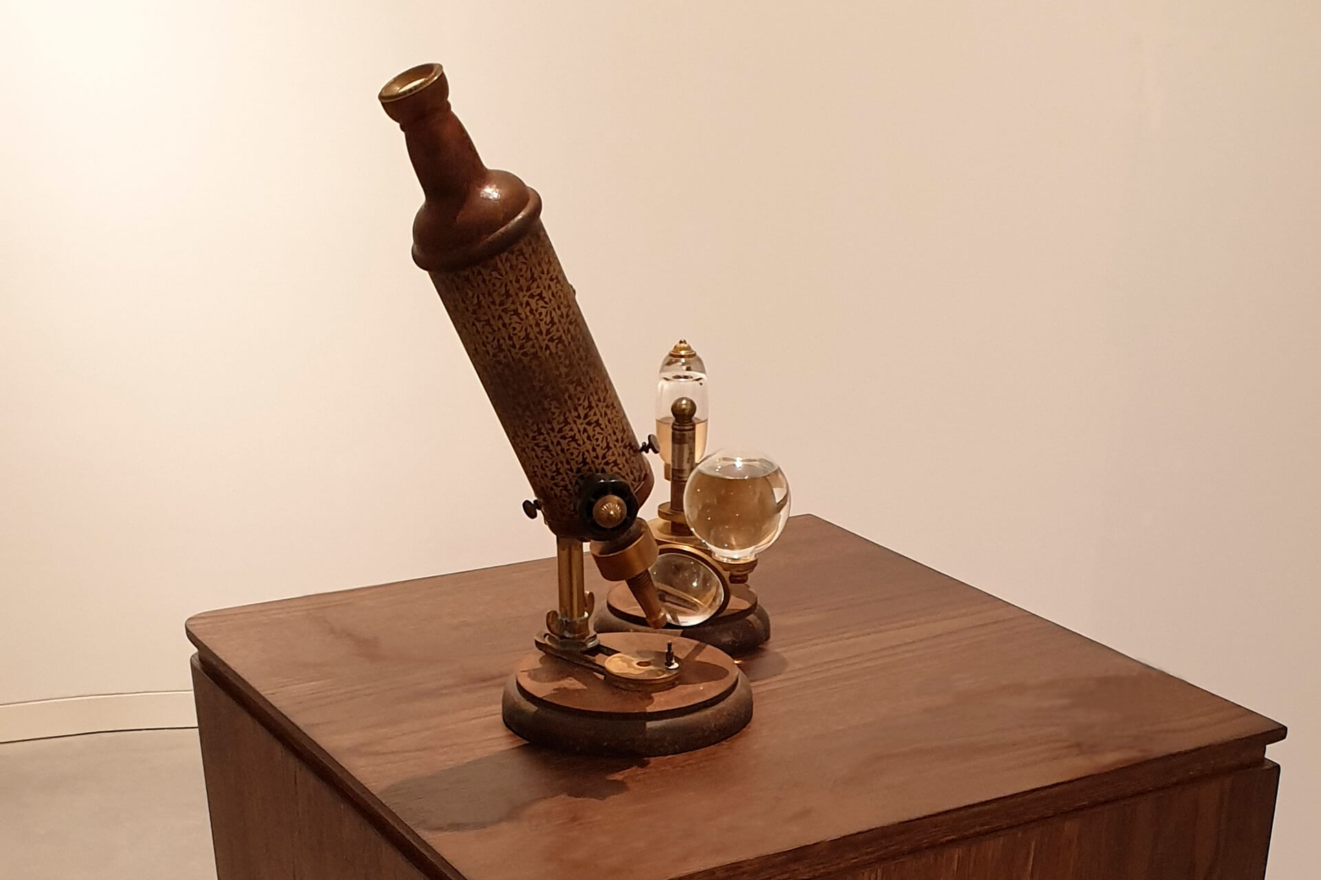 Réplica hiperrealista del microscopio de Robert Hooke del siglo XVII sobre mueble de madera a medida, con integración electrónica para transmitir imagen a pantalla. Planet Cork, WOW Porto