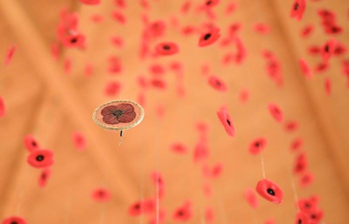 Instalación de amapolas suspendidas, elemento singular desarrollado por Proasur para el Juno Beach Centre